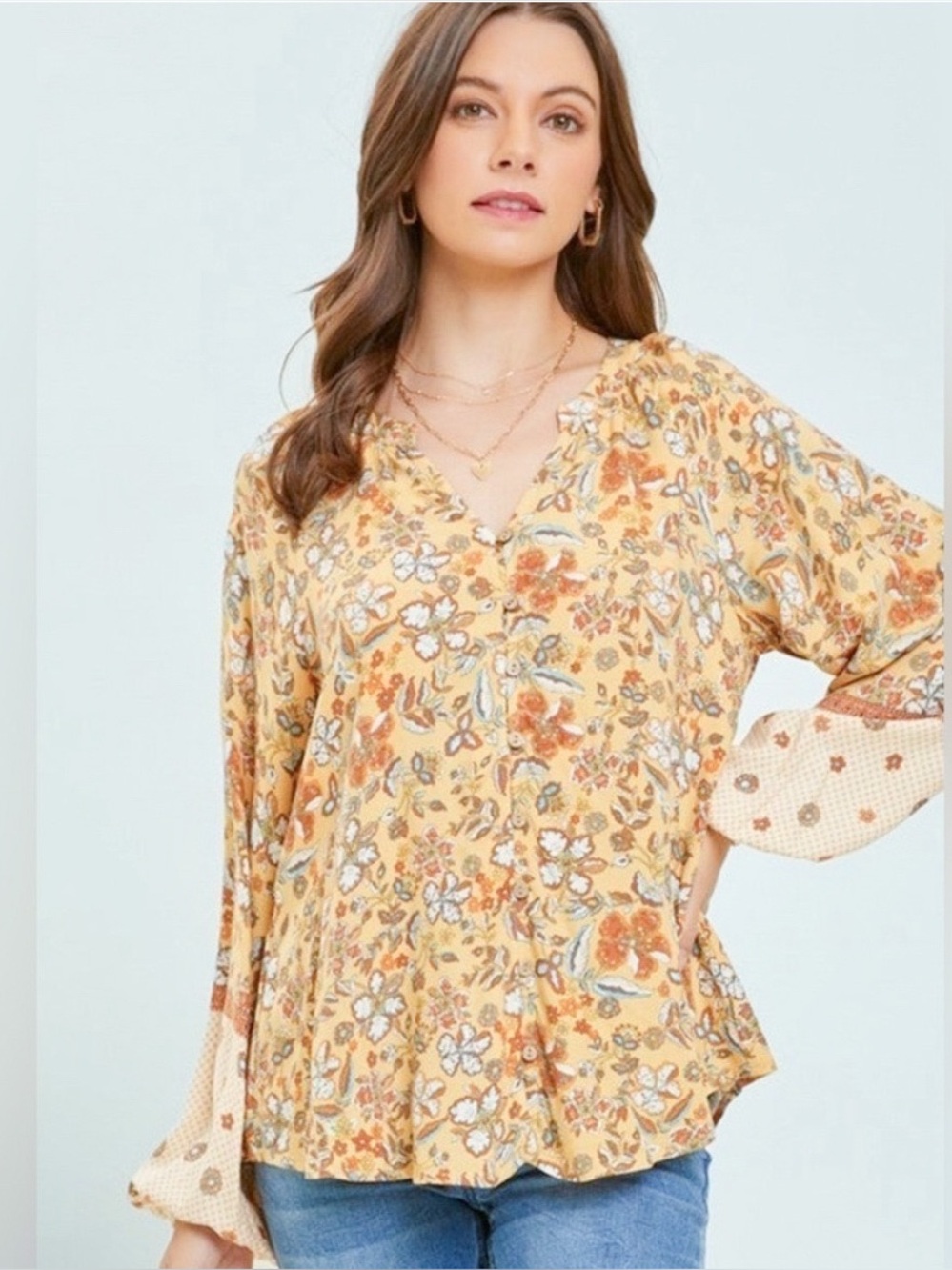 Heyson | Boho Western Flowy Floral Balloon Sleeve Mustard Tunic Peasant Blouse
